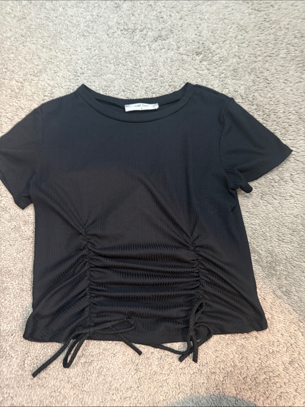 Ruched Tie-Front Short Sleeve Top - Black